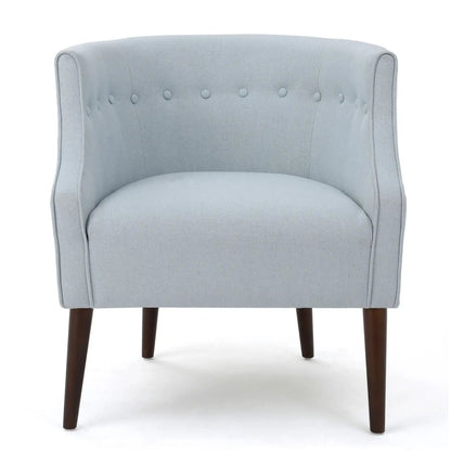 Contemporary upholstered club chair with button tufting in light gray fabric and dark wood legs on Tampa Home & Garden Store