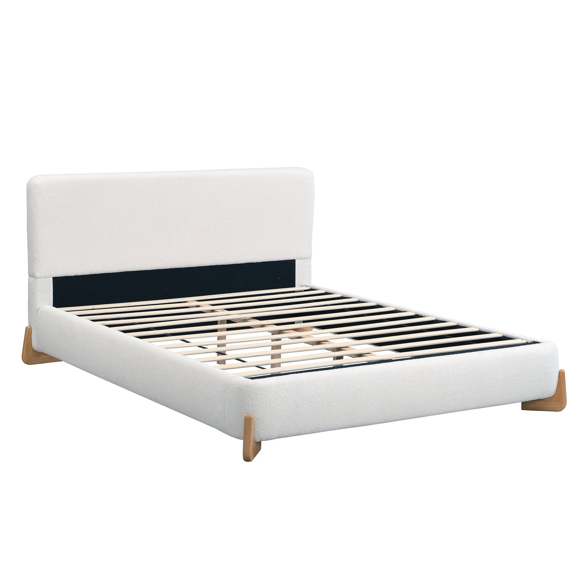 Elegant boucle upholstered queen bed by HouseOfZazla with white headboard and wooden legs on Tampa Home & Garden Store