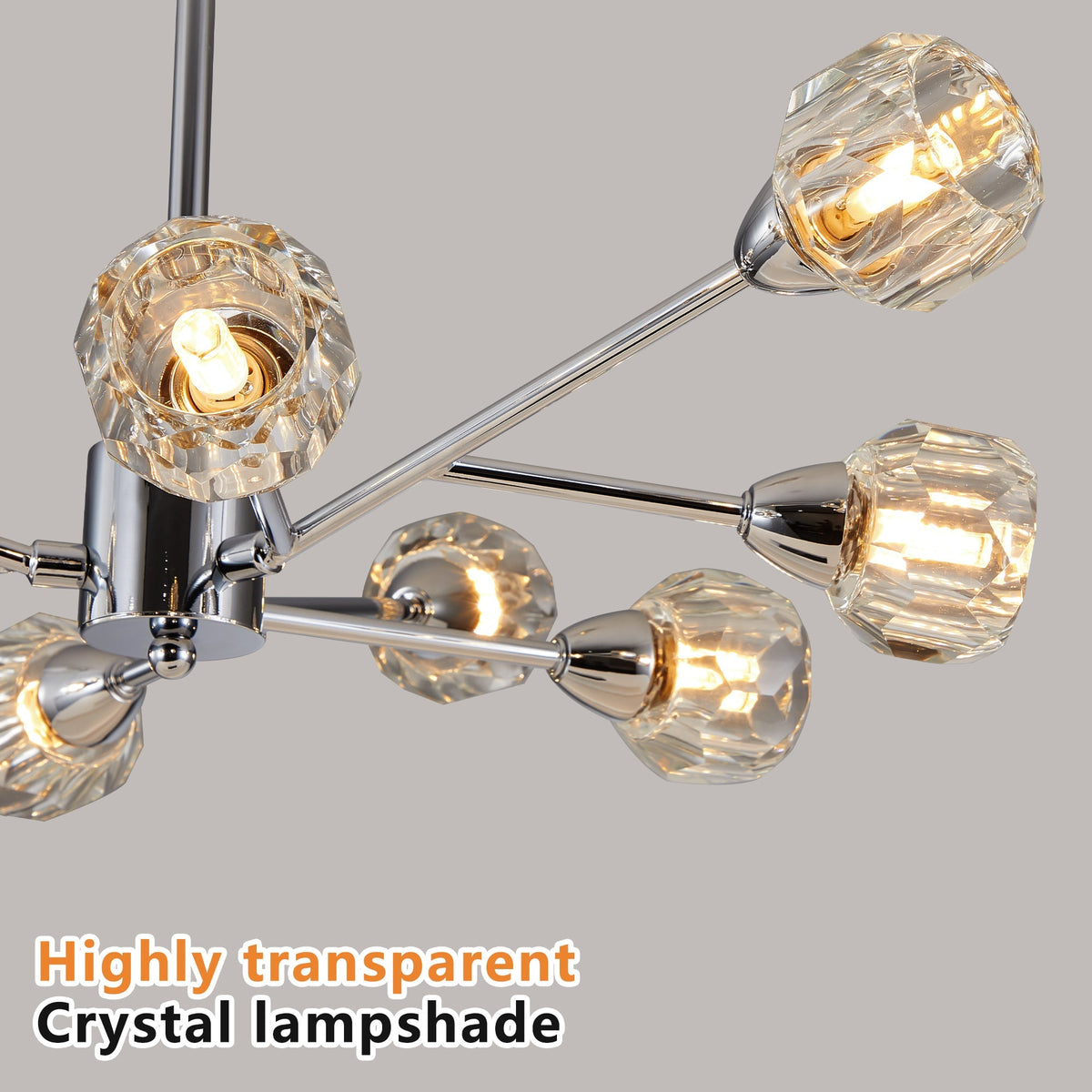 Chandelier 28in Modern Crystal with 9 Lights by HouseOfZazla, faceted prisms and chrome arms on Tampa Home & Garden Store