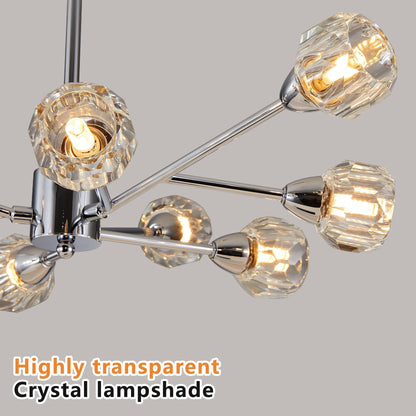 Chandelier 28in Modern Crystal with 9 Lights by HouseOfZazla, faceted prisms and chrome arms on Tampa Home & Garden Store