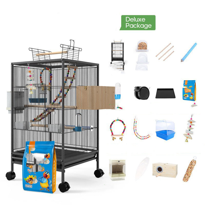 Parrot Xuanfeng bird cage with feeder and grass nest, black metal on wheels with toys on Tampa Home & Garden Store
