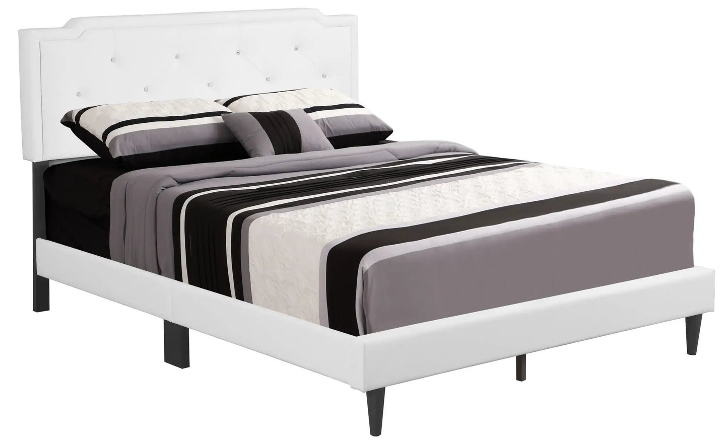 Button tufted upholstered bed with white headboard and diamond tufting, gray-black bedding on Tampa Home & Garden Store