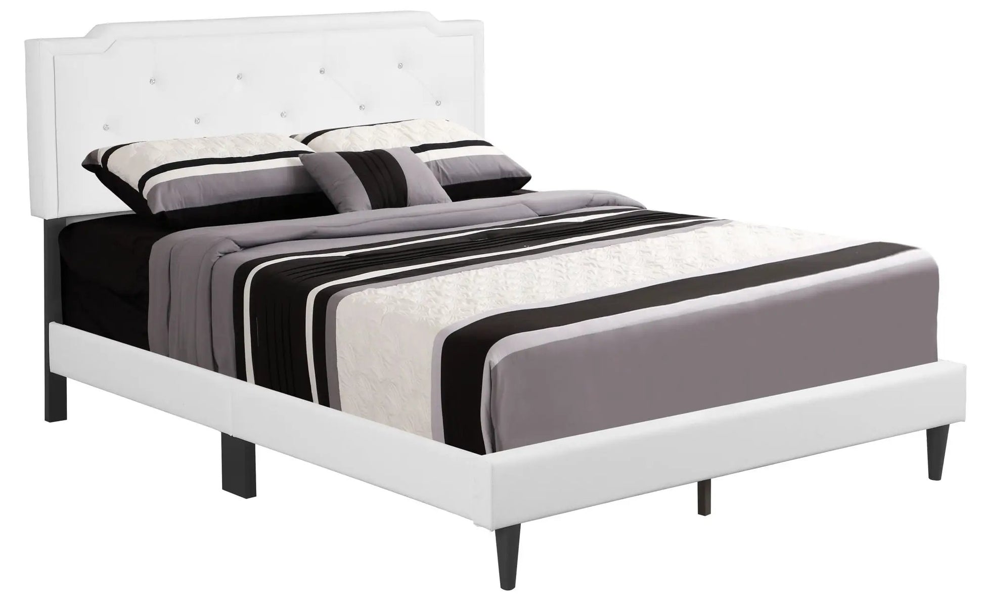Button tufted upholstered bed with white headboard and diamond tufting, gray-black bedding on Tampa Home & Garden Store