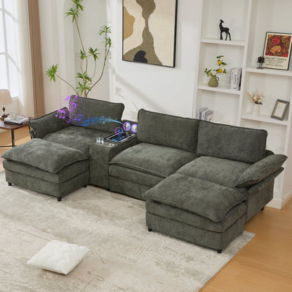 HouseOfZazla U-shaped sectional sofa in charcoal gray with storage console & Bluetooth speakers on Tampa Home & Garden Store