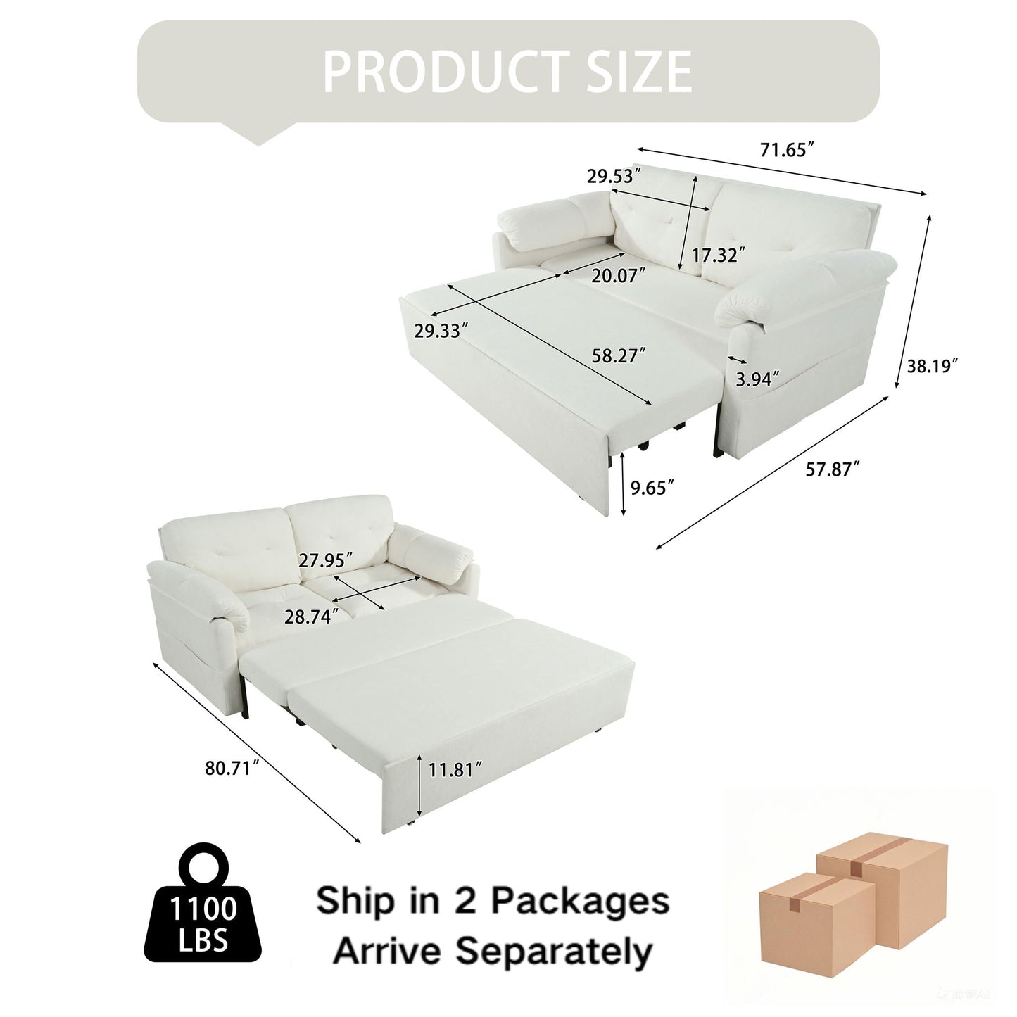 HouseOfZazla convertible pull-out sofa bed queen size with side storage cream upholstery on Tampa Home & Garden Store