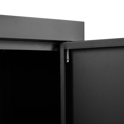 Metal storage cabinet corner with dark gray textured steel surface and visible hinge on Tampa Home & Garden Store