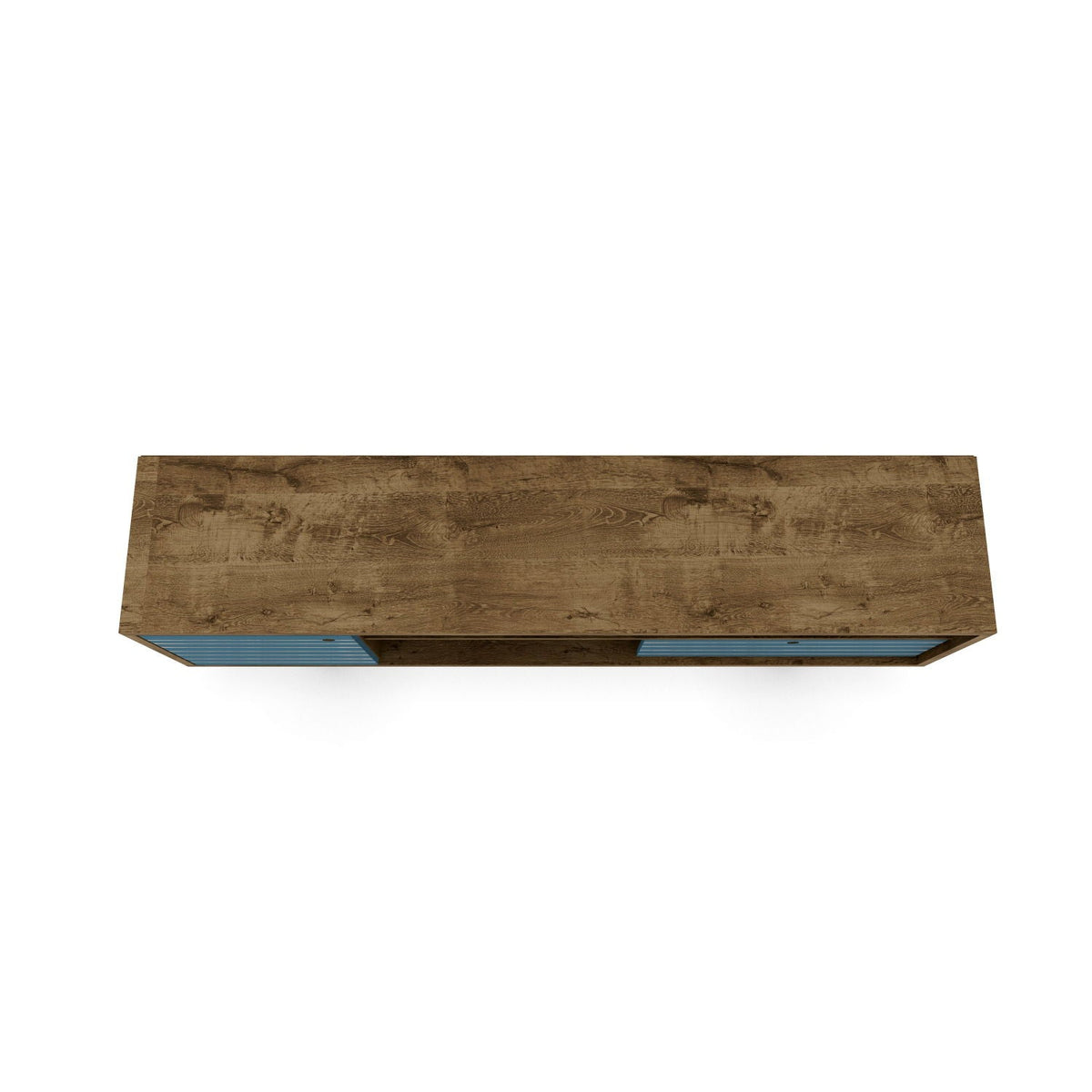 TV stand with wire management and smart storage in wood finish with blue drawer fronts on Tampa Home & Garden Store