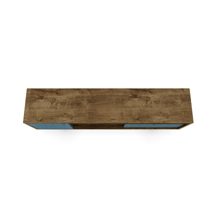 TV stand with wire management and smart storage in wood finish with blue drawer fronts on Tampa Home & Garden Store