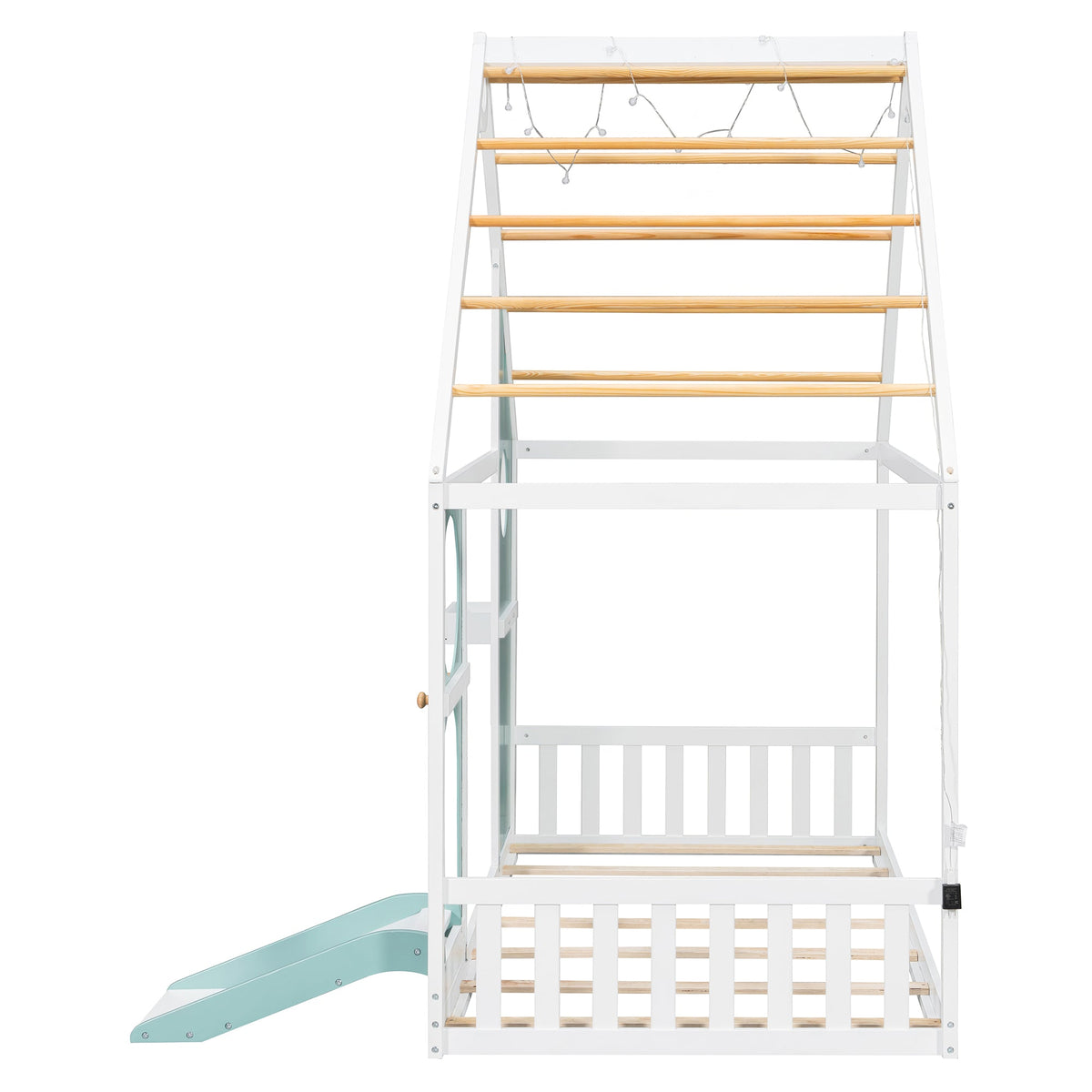 Twin House Bed with Slide white frame, natural wood slats, ball light strip HouseOfZazla on Tampa Home & Garden Store