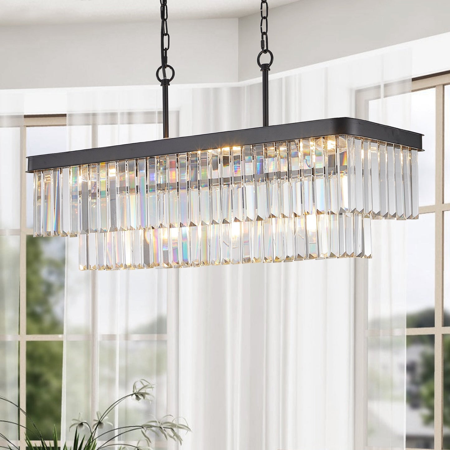 Rectangular crystal chandelier by HouseOfZazla, black frame with crystals, adjustable chain on Tampa Home & Garden Store