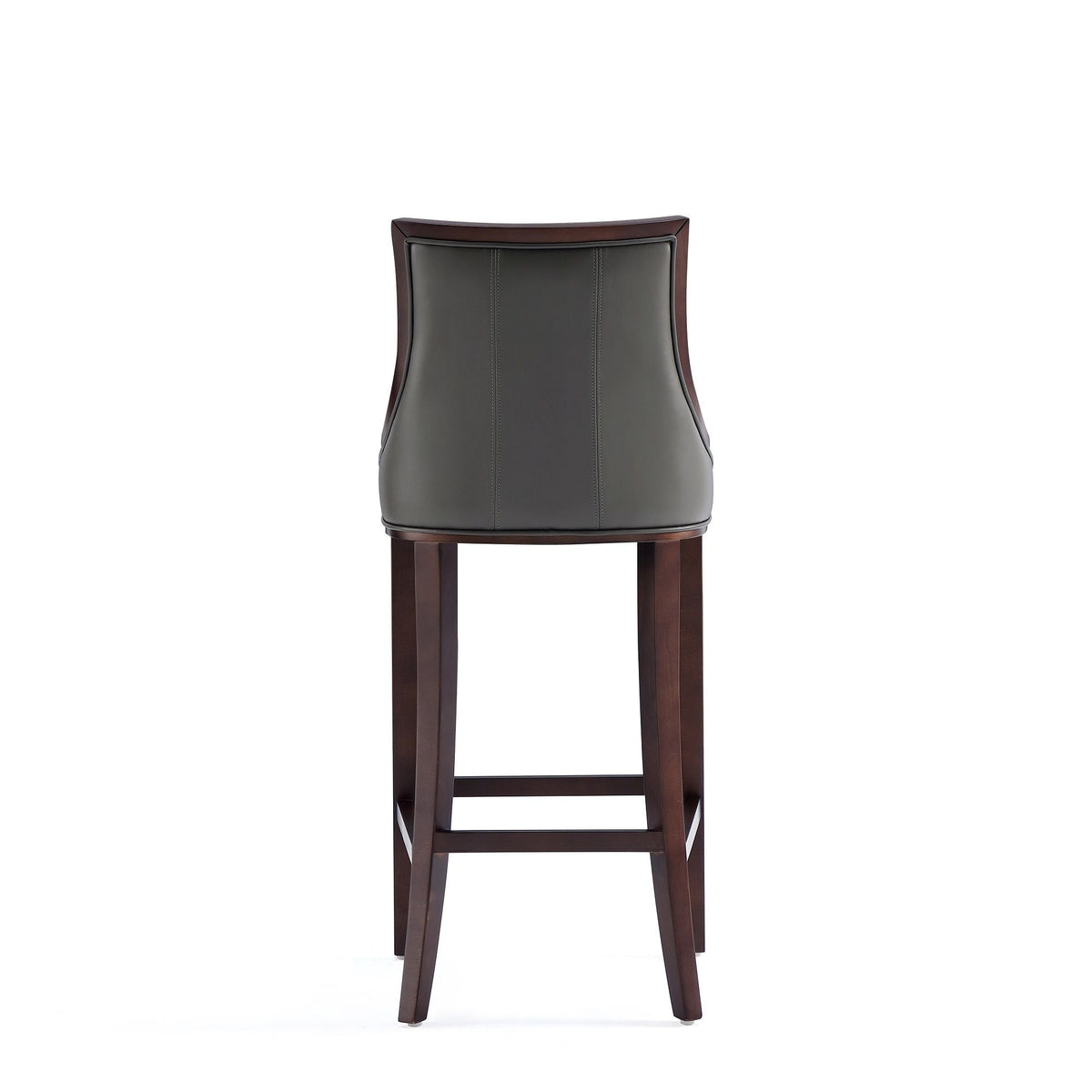 Bar height stool with dark wood frame and black leather upholstery, stitched back design on Tampa Home & Garden Store