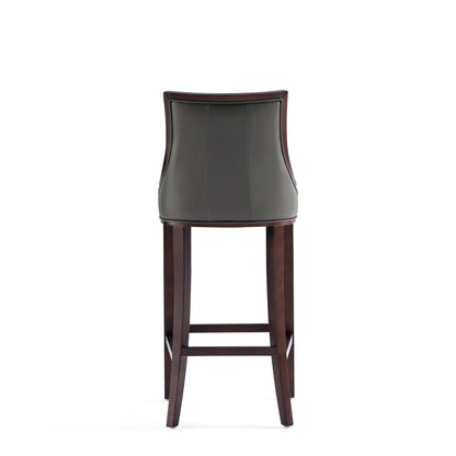 Bar height stool with dark wood frame and black leather upholstery, stitched back design on Tampa Home & Garden Store