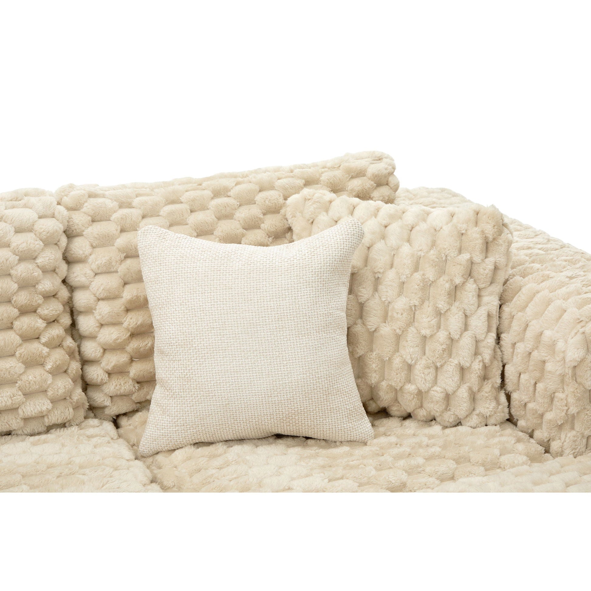 Modular Sectional Sofa by HouseOfZazla with beige chunky-knit throw and beige woven cushion on Tampa Home & Garden Store