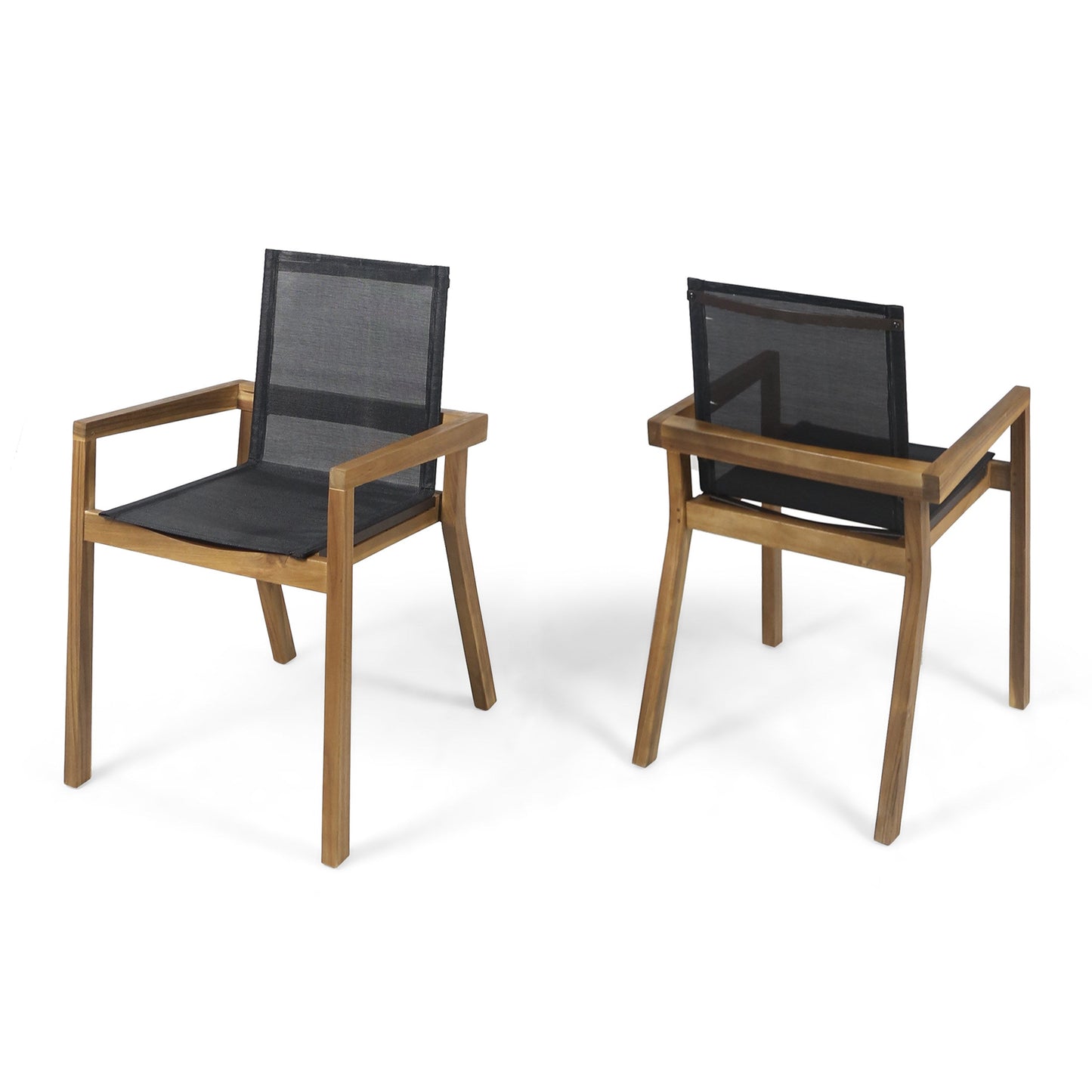 Acacia wood outdoor dining chairs for two with black mesh seats, HouseOfZazla 7-piece set on Tampa Home & Garden Store