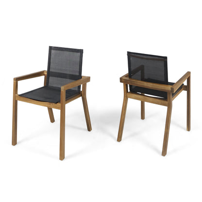 Acacia wood outdoor dining chairs for two with black mesh seats, HouseOfZazla 7-piece set on Tampa Home & Garden Store
