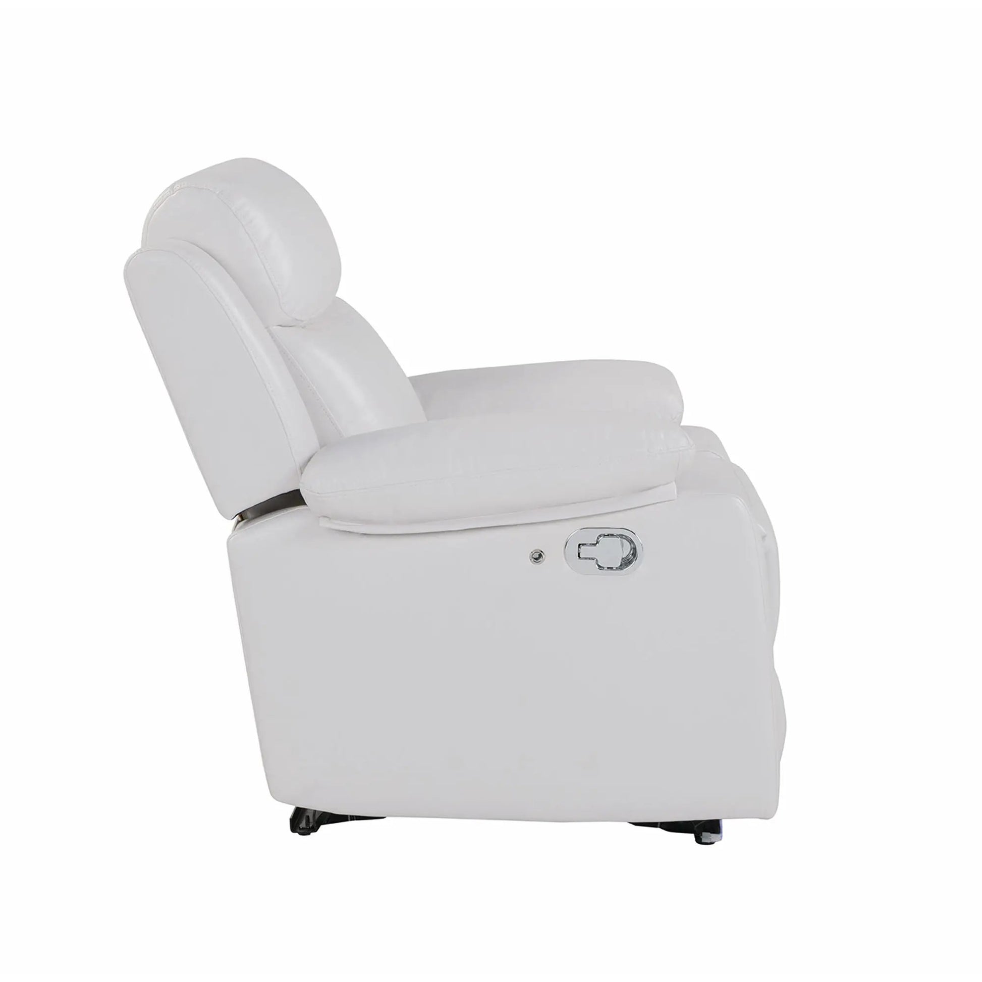 Blanche white glider recliner with LED pillow-top arms in white leather; side power control on Tampa Home & Garden Store