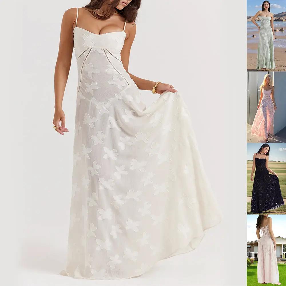White floral lace suspender maxi dress with back lace-up straps and sheer overlay on Tampa Home & Garden Store