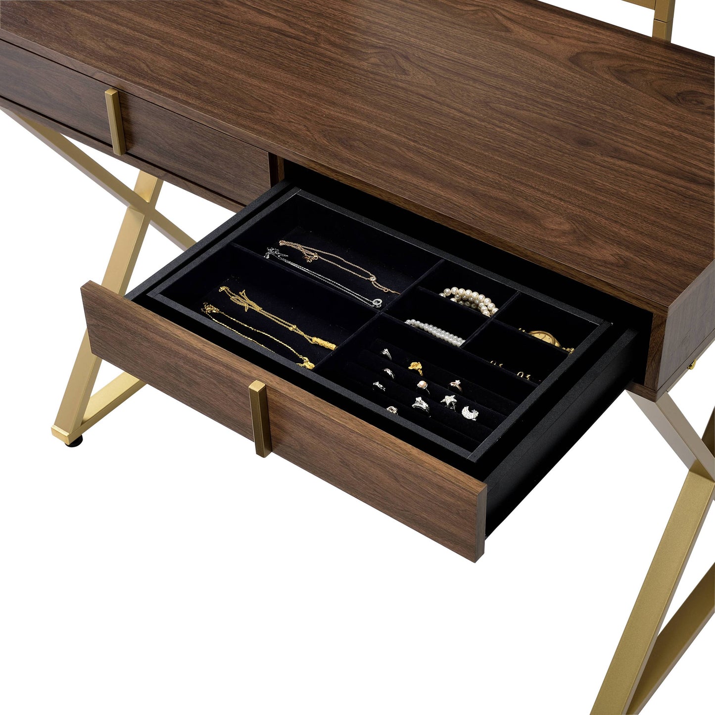 Coleen walnut vanity desk with gold legs; open drawer reveals a black jewelry tray on Tampa Home & Garden Store