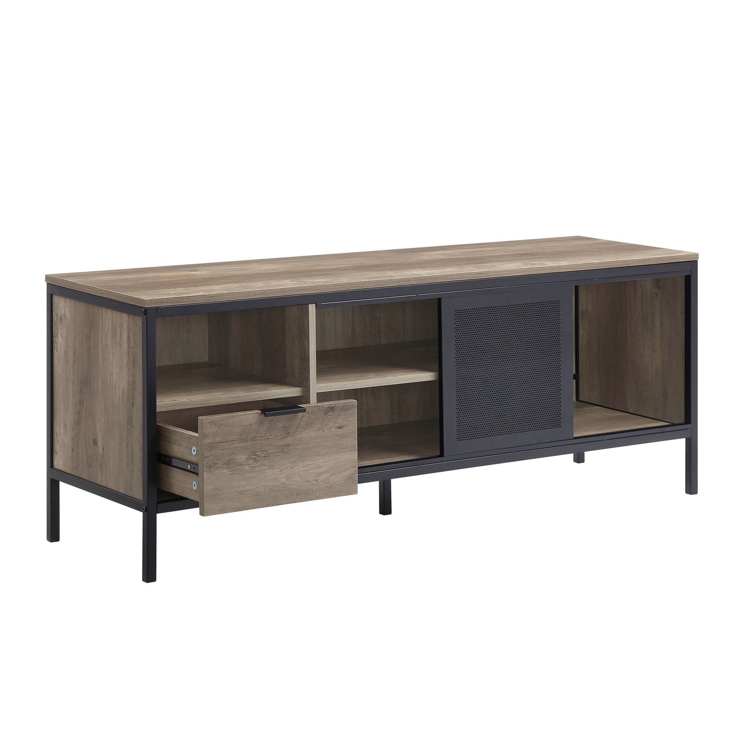 Nantan Rustic TV Stand with wood-grain top, black metal frame, open shelves HouseOfZazla on Tampa Home & Garden Store
