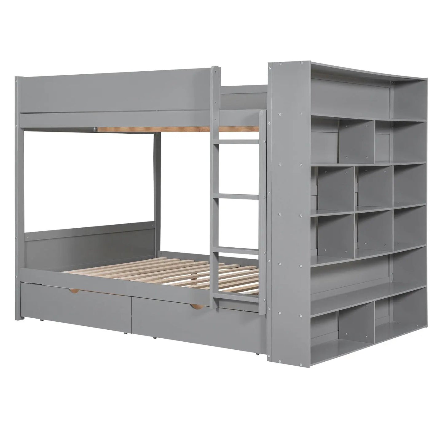 Bunk bed with 2 drawers and multi-layer cabinet in gray finish, ladder and slatted bed base on Tampa Home & Garden Store