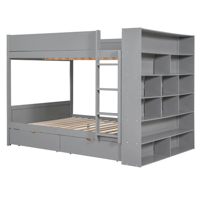 Bunk bed with 2 drawers and multi-layer cabinet in gray finish, ladder and slatted bed base on Tampa Home & Garden Store
