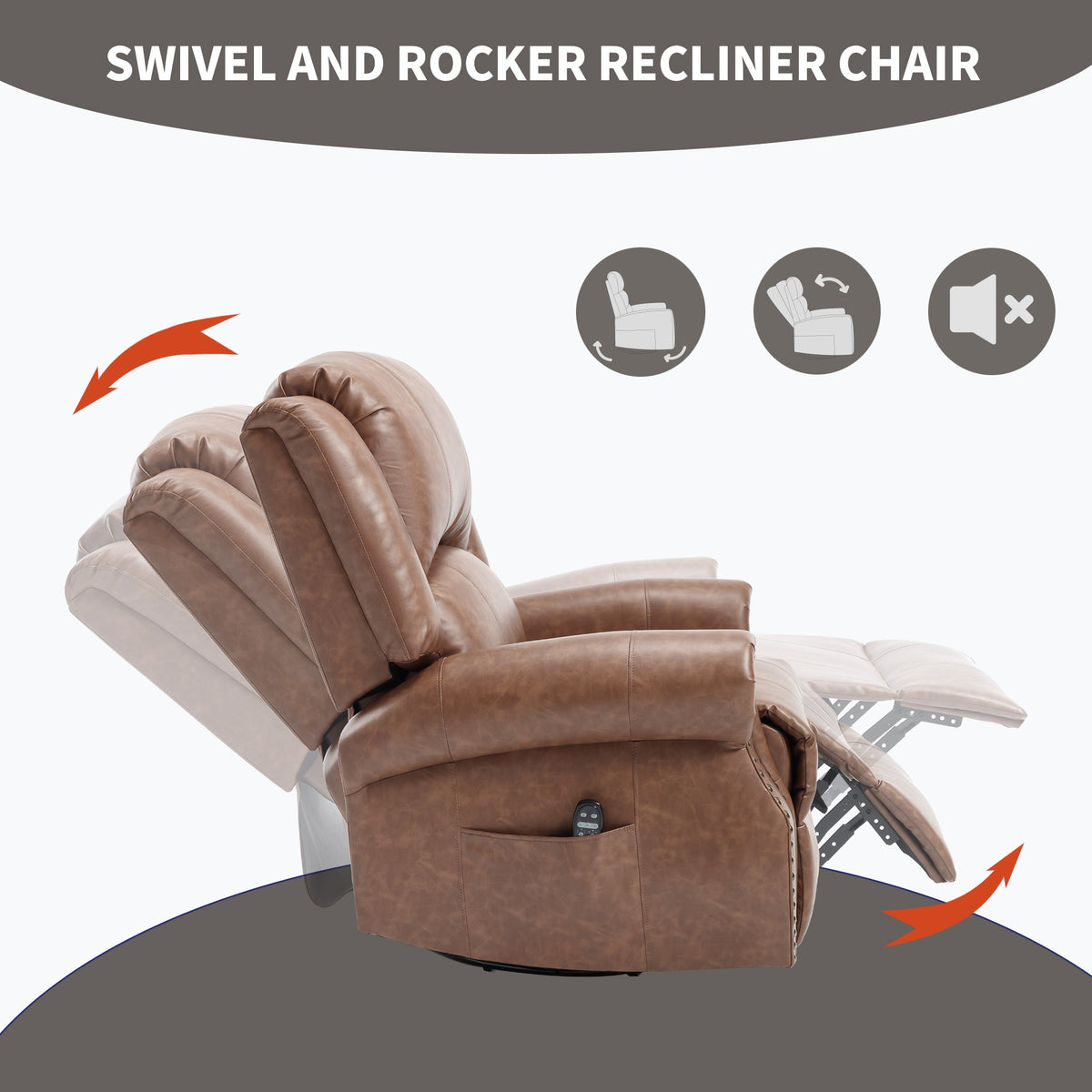 Heat Massage Manual Recliner Chair by HouseOfZazla in brown leather with rocker and swivel on Tampa Home & Garden Store