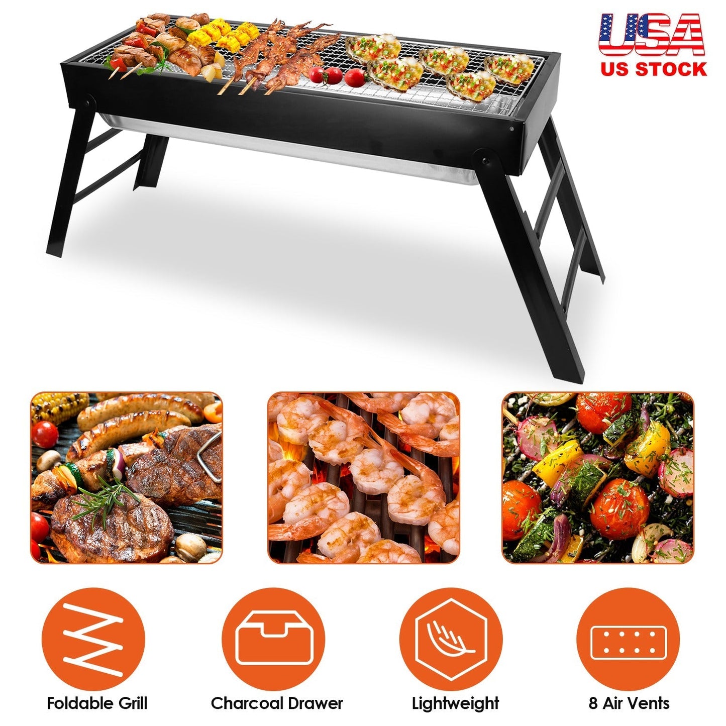 Foldable Charcoal BBQ Grill GemGear, portable stainless steel tabletop grill for camping on Tampa Home & Garden Store