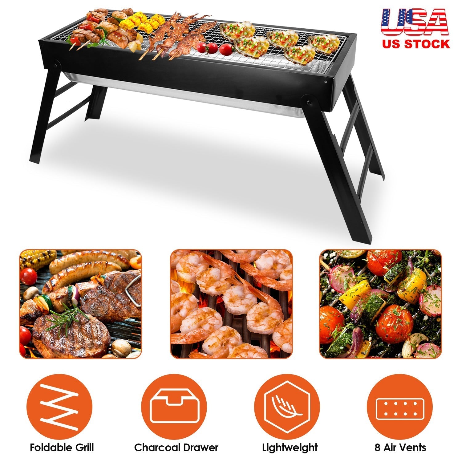 Foldable Charcoal BBQ Grill GemGear, portable stainless steel tabletop grill for camping on Tampa Home & Garden Store