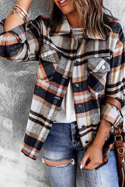 Classic Plaid Button Front Shirt Jacket with Breast Pockets orange-tan plaid casual outerwear on Tampa Home & Garden Store