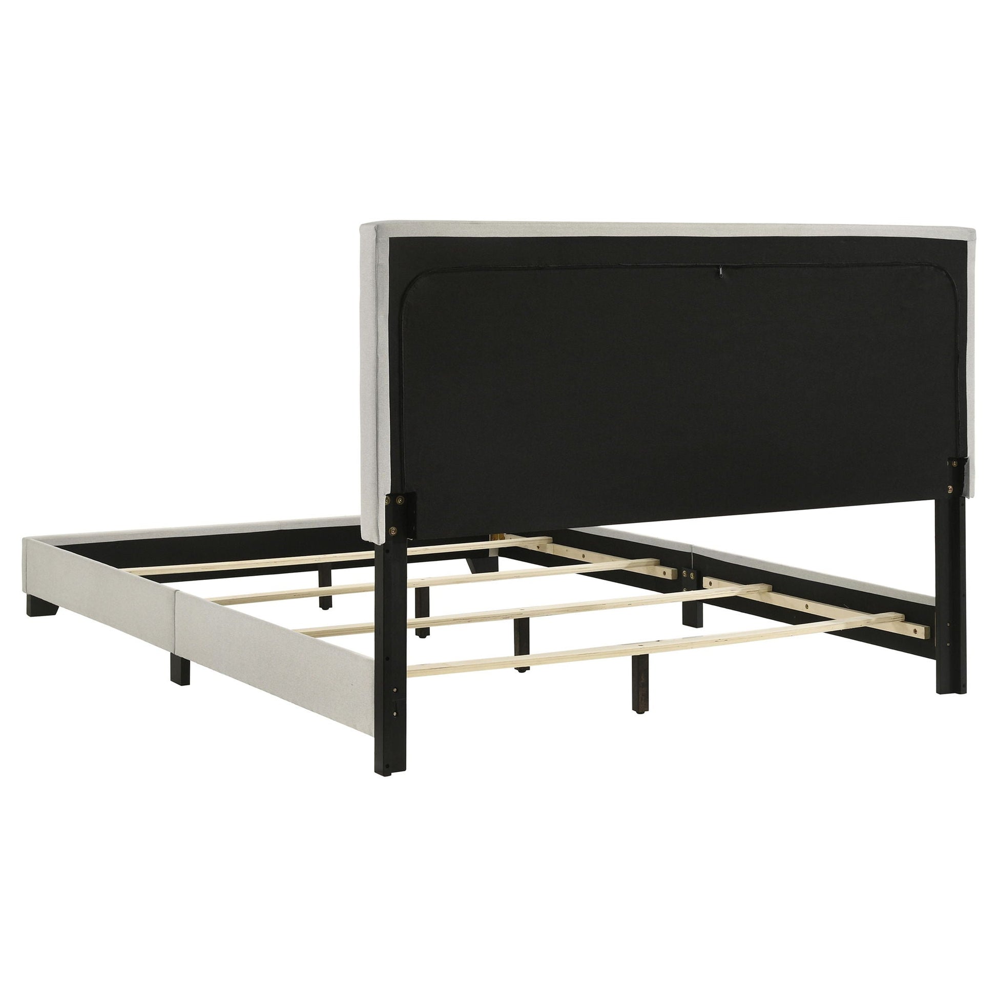 Efram - Panel Bed upholstered in gray fabric with a black padded headboard and metal legs on a wooden slat foundation on Tampa Home & Garden Store
