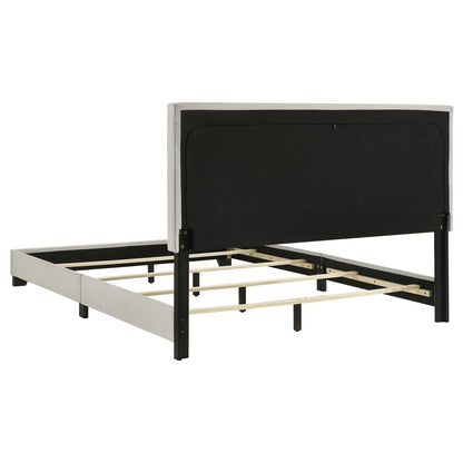 Efram - Panel Bed upholstered in gray fabric with a black padded headboard and metal legs on a wooden slat foundation on Tampa Home & Garden Store