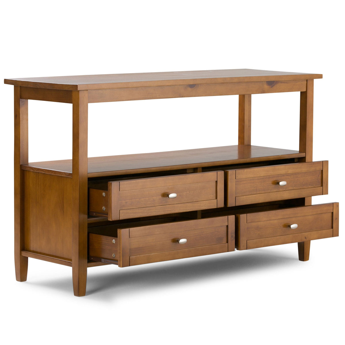 Warm brown shaker coffee table with two drawers and an open shelf on Tampa Home & Garden Store