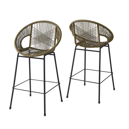 Ferrara Outdoor Patio Barstool set of 2, brown woven rattan seat and back with black metal legs on Tampa Home & Garden Store
