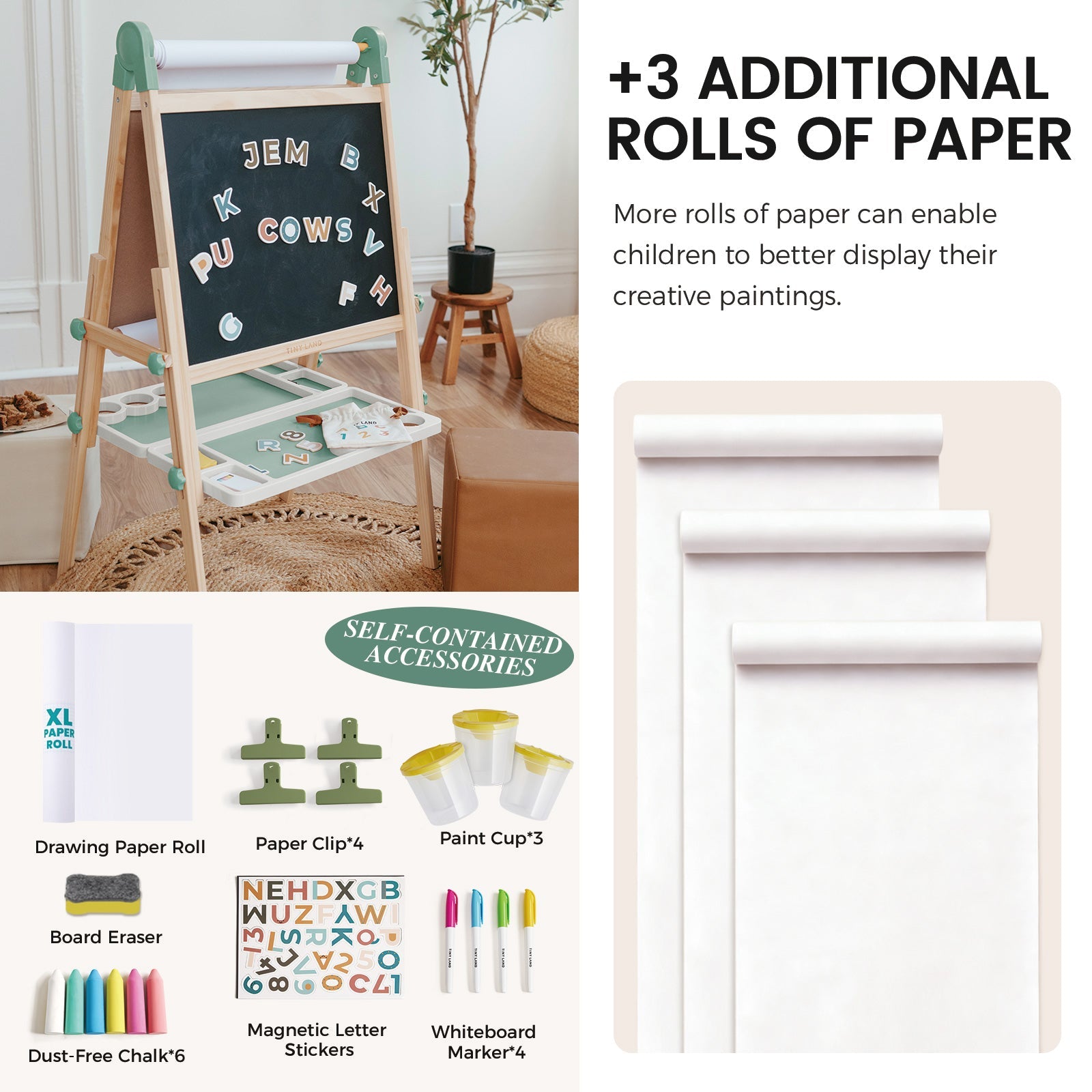 Pink Magnitales kids easel set with wood frame, chalkboard, and paper roll by Tiny Land INC on Tampa Home & Garden Store
