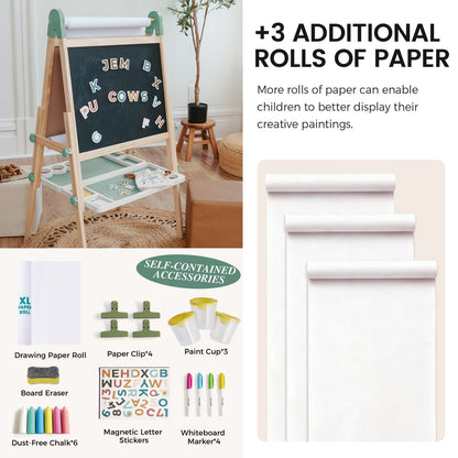 Pink Magnitales kids easel set with wood frame, chalkboard, and paper roll by Tiny Land INC on Tampa Home & Garden Store