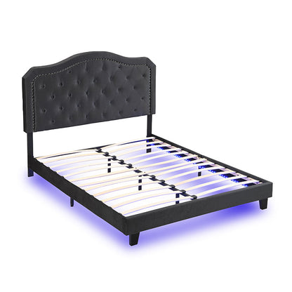 Queen Upholstered Bed Button Tufted Curve Design, black faux-leather headboard; HouseOfZazla on Tampa Home & Garden Store