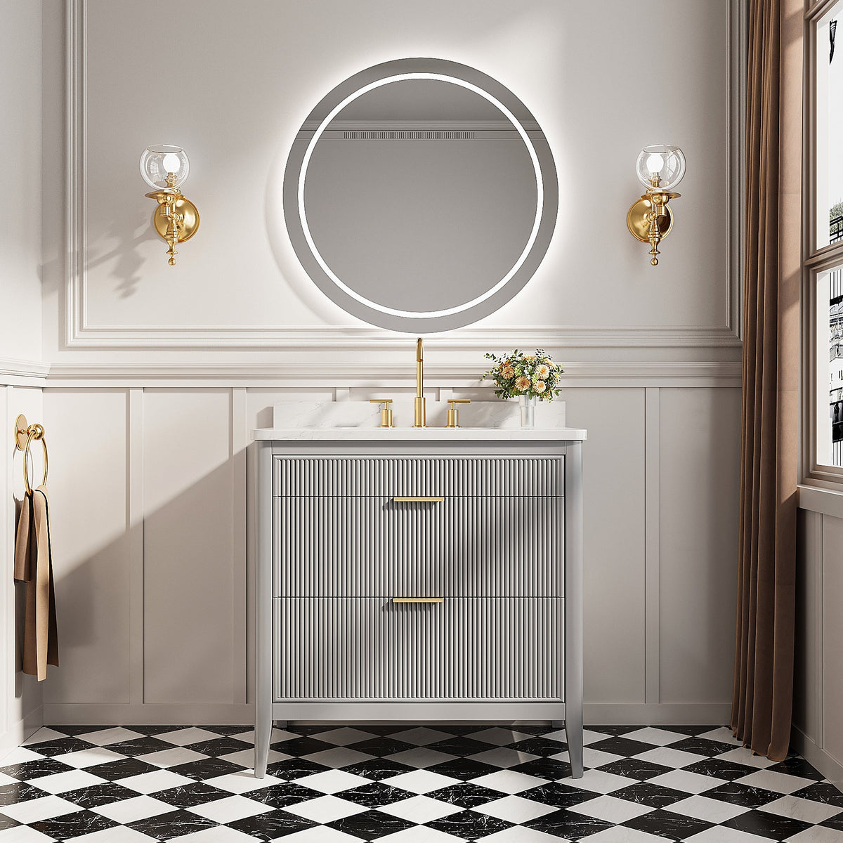 36 inch grey bathroom vanity with counter and ribbed drawers, two gold sconces, LED mirror on Tampa Home & Garden Store