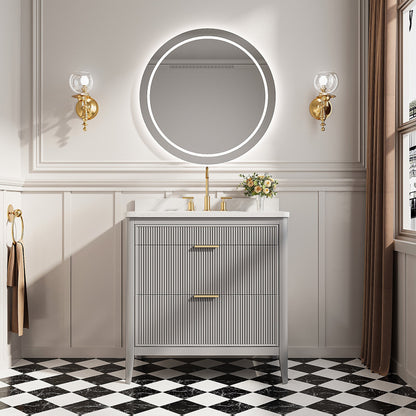 36 inch grey bathroom vanity with counter and ribbed drawers, two gold sconces, LED mirror on Tampa Home & Garden Store