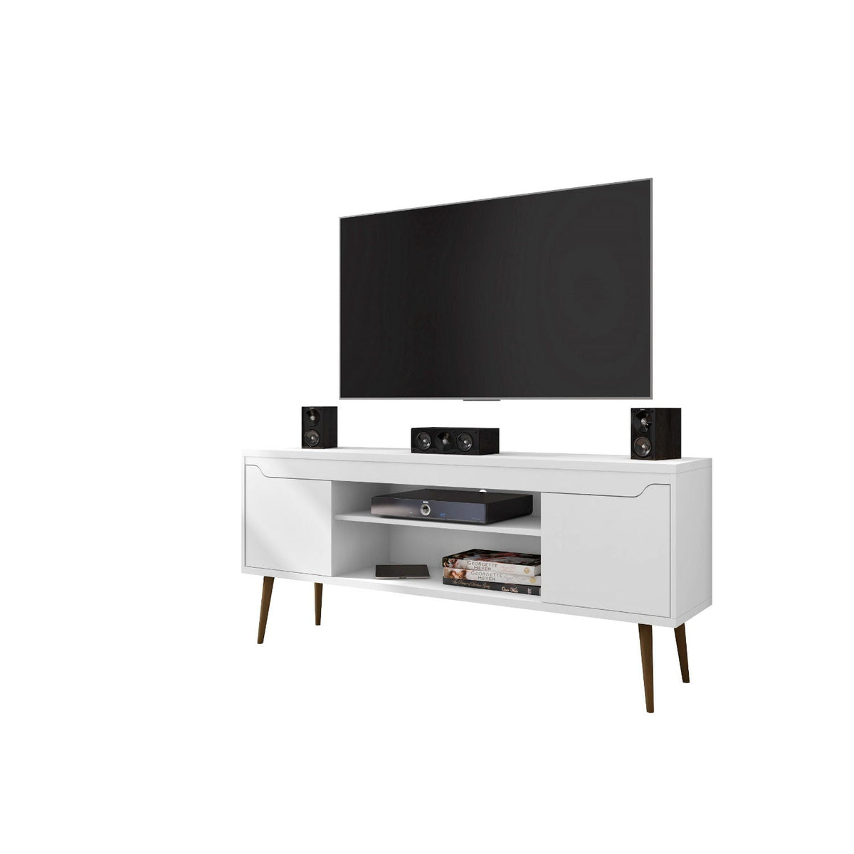 Bradley Modern TV Stand by HouseOfZazla, white finish with concealed storage & wire mgmt on Tampa Home & Garden Store