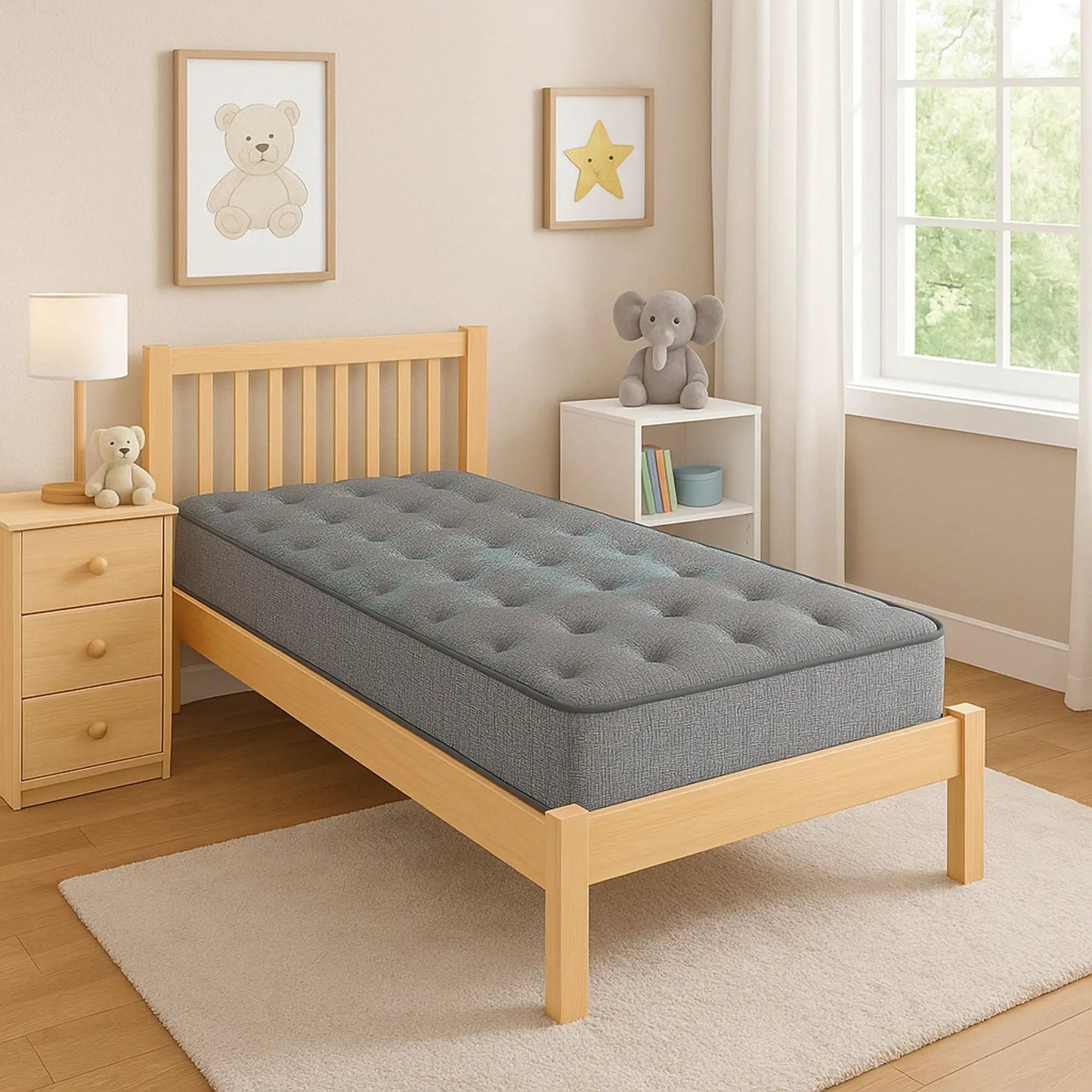 7in memory foam mattress by Unique Piece Furniture, gray tufted top on light wood bed frame on Tampa Home & Garden Store