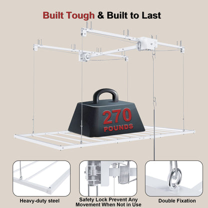 Overhead garage storage rack with crank system in white, heavy-duty steel, 270 lb capacity on Tampa Home & Garden Store
