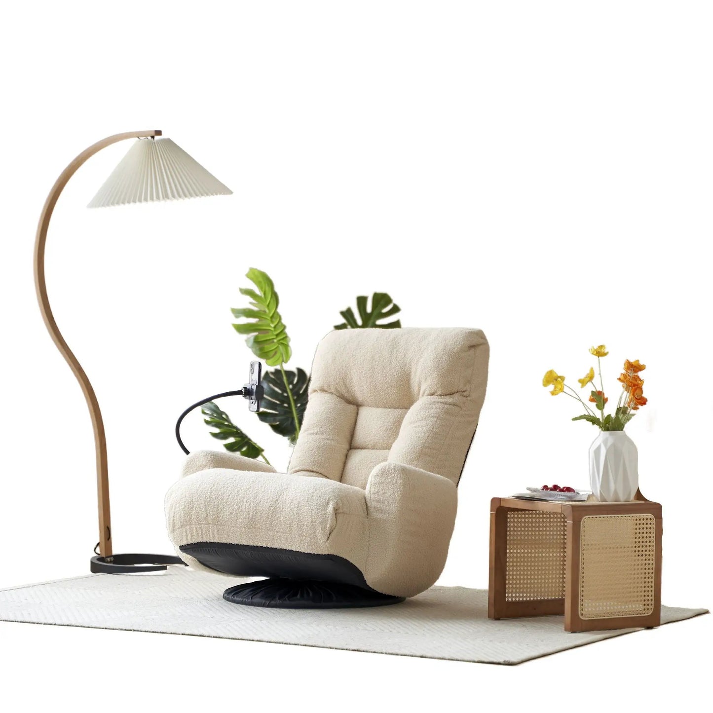 Beige plush adjustable swivel lounge chair with 360° rotating seat and headrest on Tampa Home & Garden Store