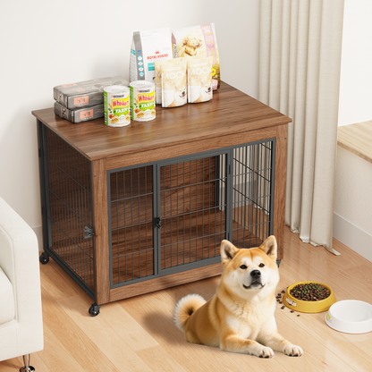 38.6 in dog crate furniture with wheels in wood finish and black metal frame, topped with dog food and cans on Tampa Home & Garden Store
