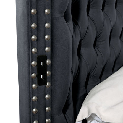 Hazel storage bed in dark charcoal fabric with nailhead trim and USB ports on Tampa Home & Garden Store