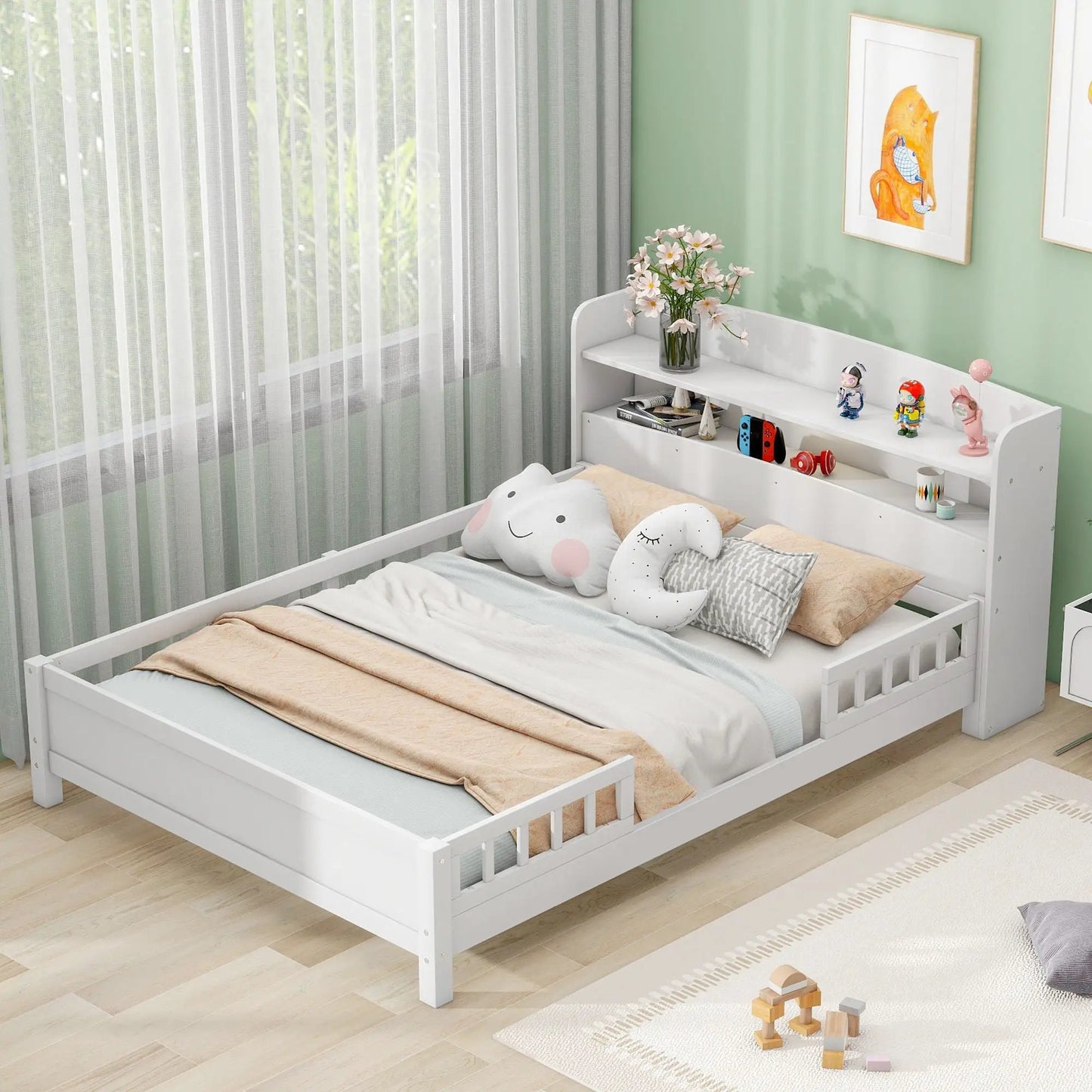 Wood Platform Bed With Led Light and Guardrail