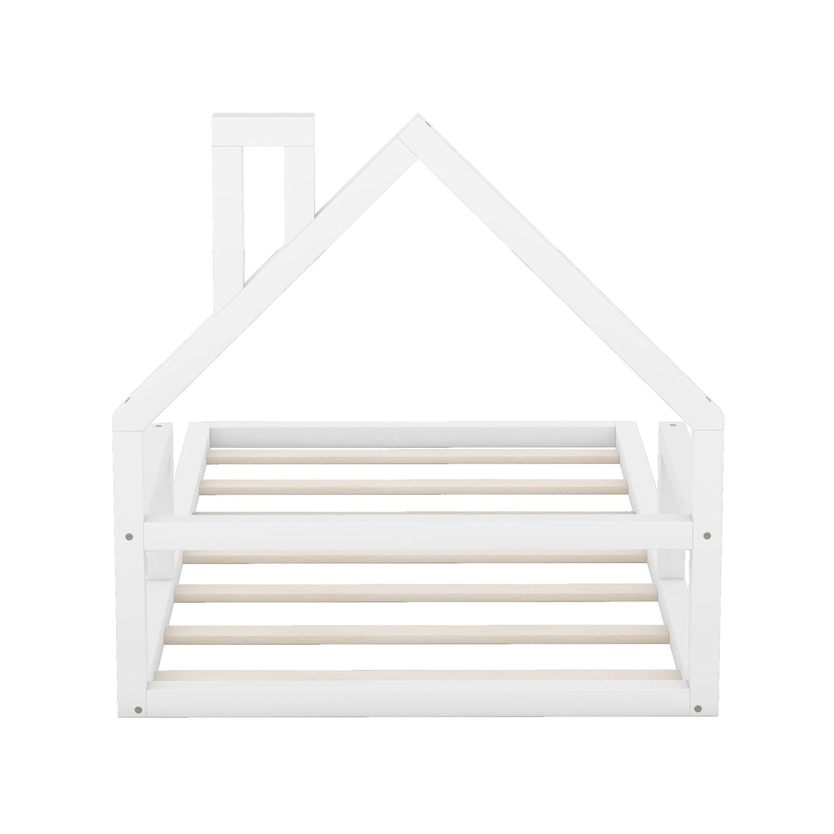 Floor bed with house-shaped headboard, white platform bed frame with visible light wood slats on Tampa Home & Garden Store