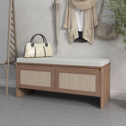 Storage bench with cushion and rattan doors in antique natural finish, wood frame with cane panels on Tampa Home & Garden Store