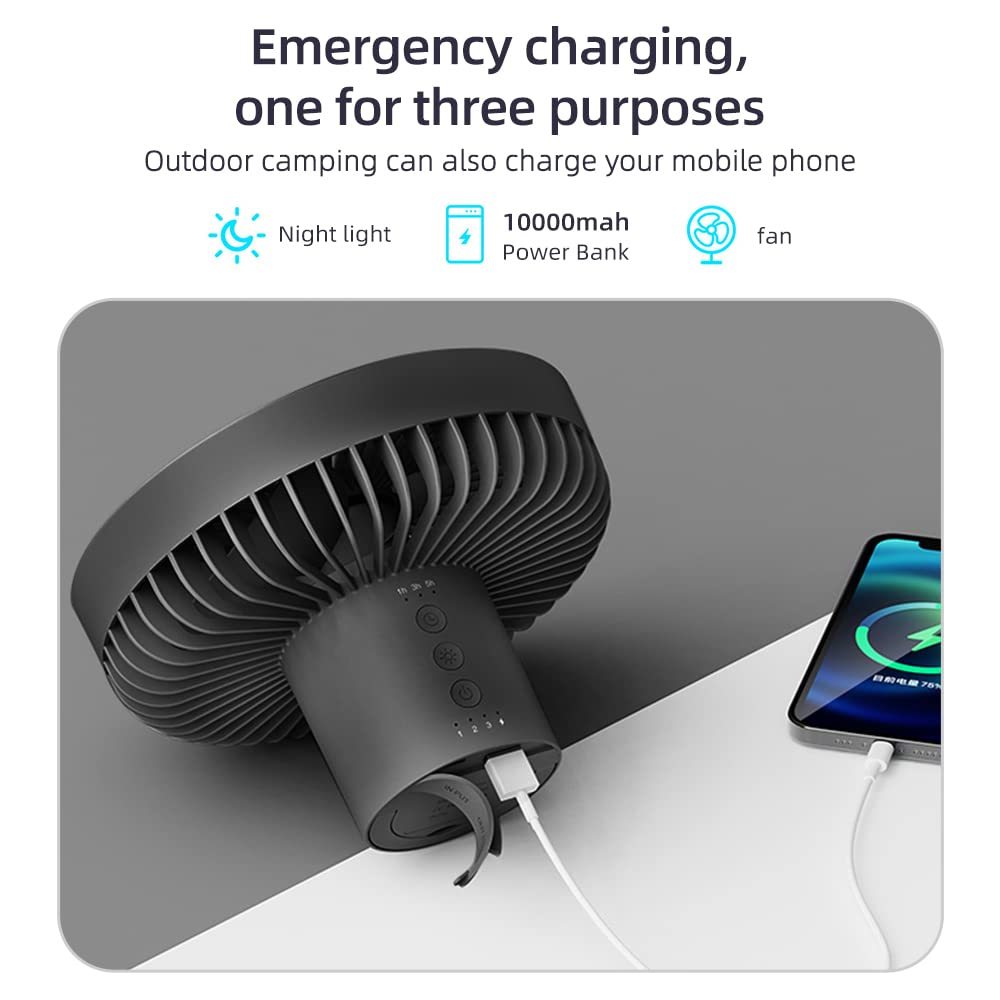 Camping fan light, black round USB-powered fan with hanging tripod and built-in power bank on Tampa Home & Garden Store
