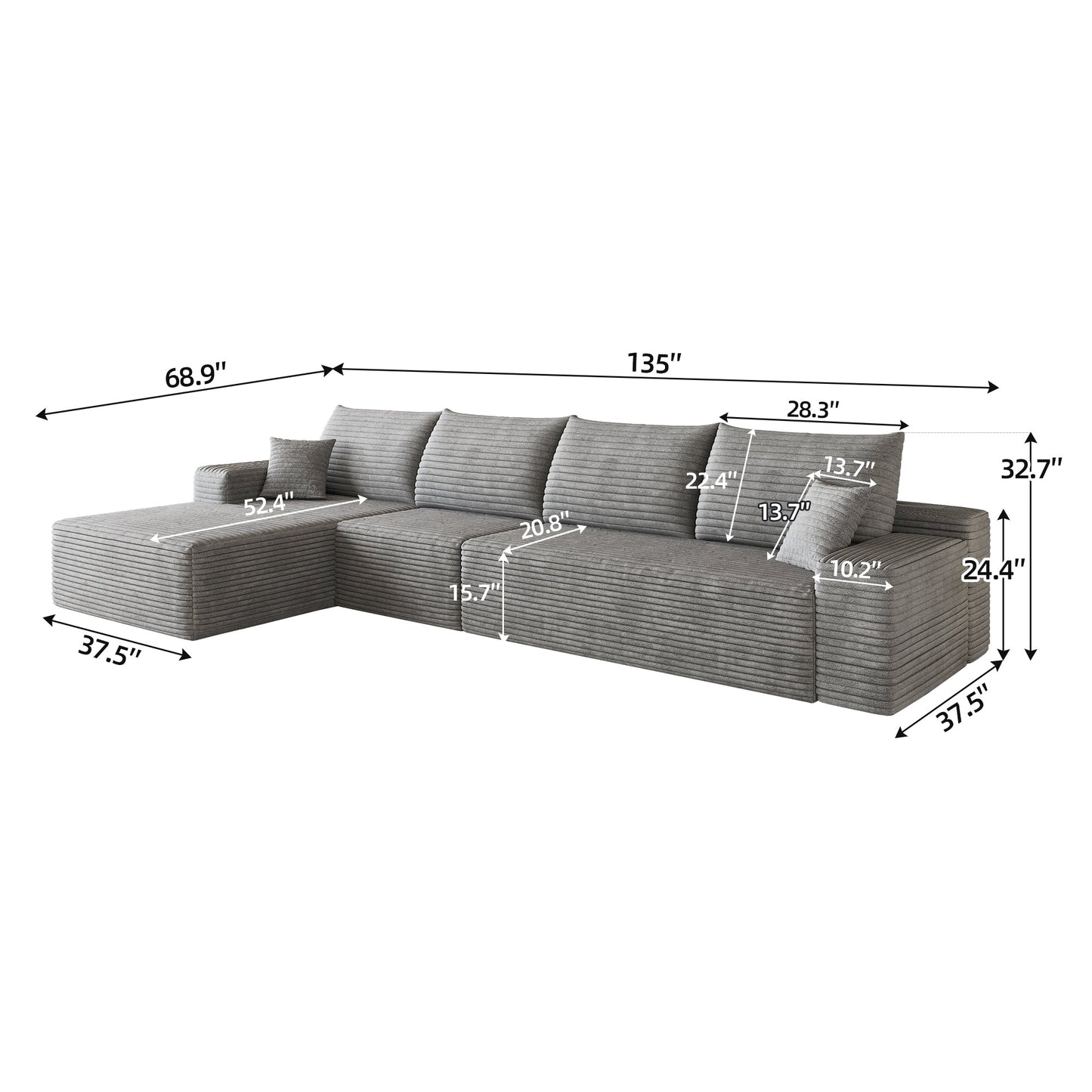 Sofas 135in Cloud sectional with L-shaped chaise in gray fabric by HouseOfZazla on Tampa Home & Garden Store
