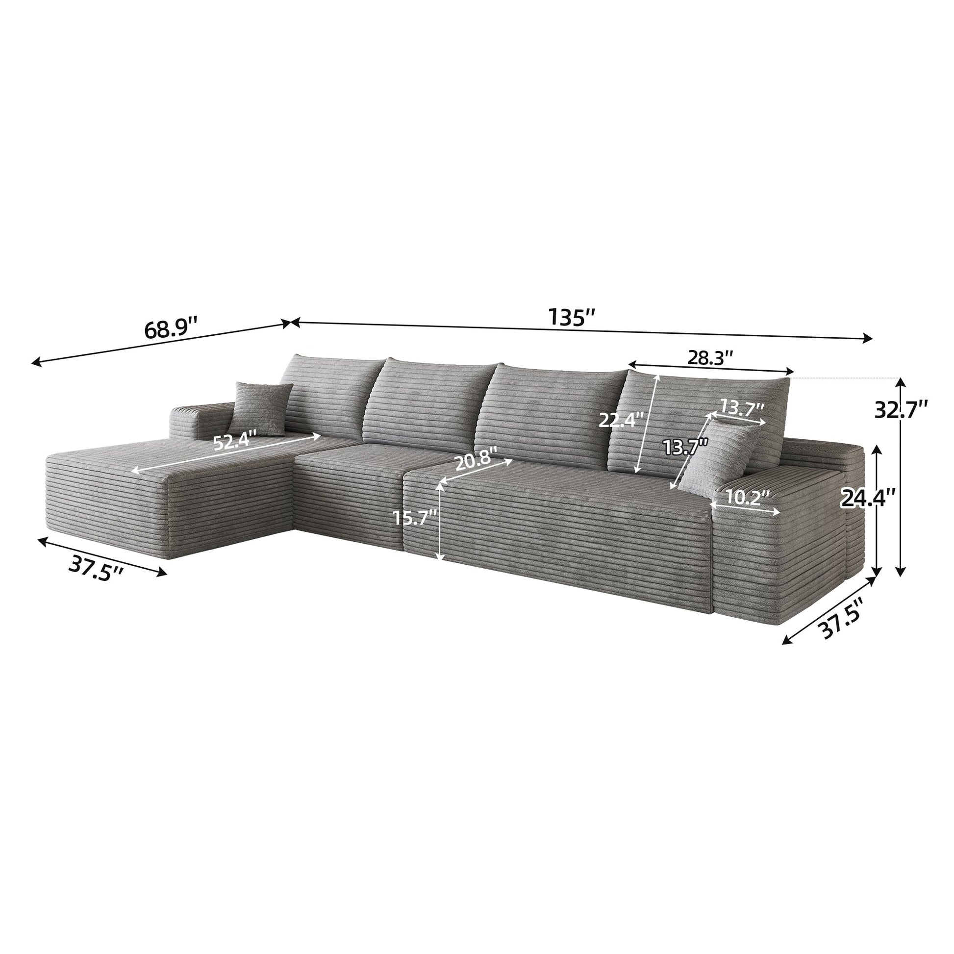 Sofas 135in Cloud sectional with L-shaped chaise in gray fabric by HouseOfZazla on Tampa Home & Garden Store